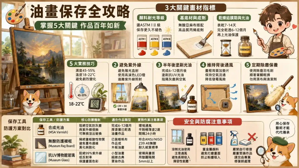 油畫保存全攻略：從 ASTM 耐光等級到光油塗刷，讓作品百年不變黃的 5 大實作細節