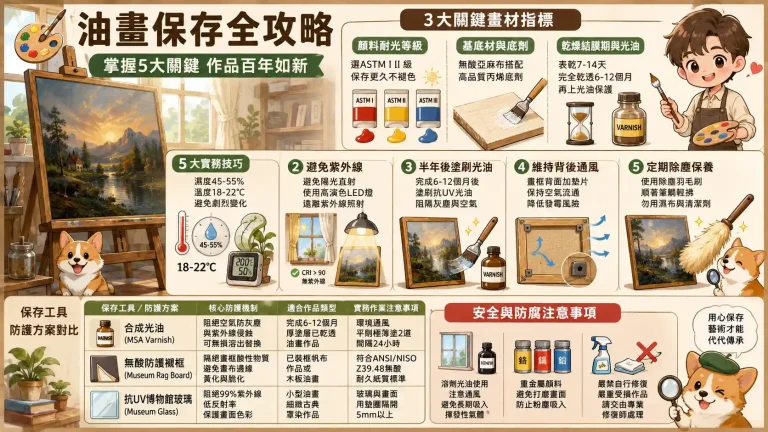 油畫保存全攻略：從 ASTM 耐光等級到光油塗刷，讓作品百年不變黃的 5 大實作細節