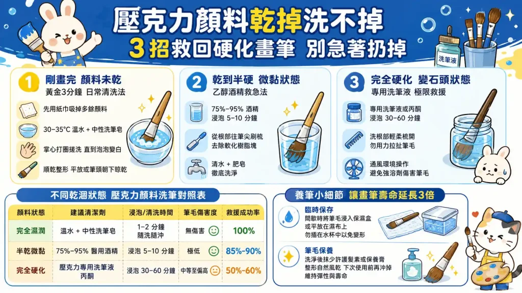 壓克力顏料乾掉洗不掉？3 招救回硬化畫筆，別急著把貴價筆扔掉！