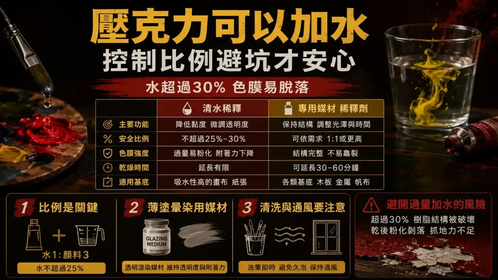 壓克力顏料可以加水嗎？打破水洗迷思！控制比例與避坑全指南