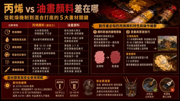 丙烯 vs 油畫顏料差在哪？從乾燥機制到混合打底的 5 大畫材關鍵