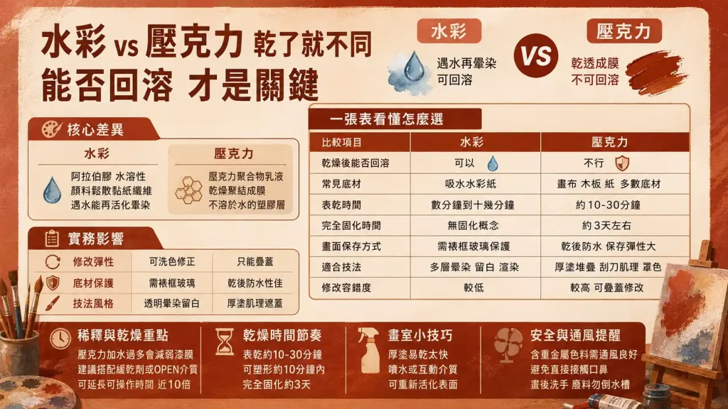 壓克力顏料跟水彩一樣嗎？乾了之後的差異，才是關鍵