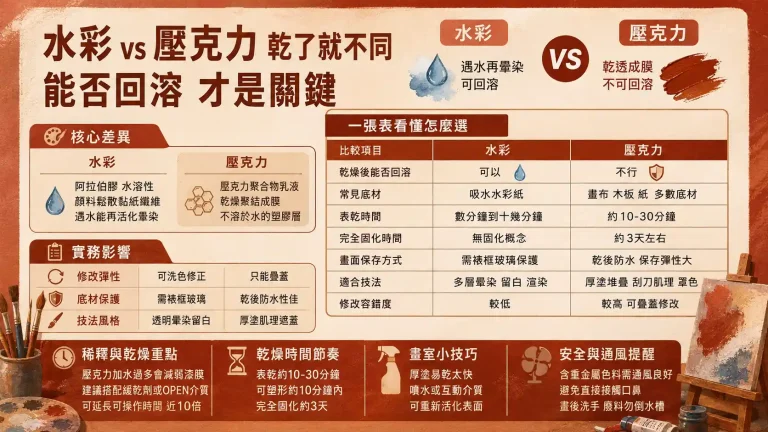 壓克力顏料跟水彩一樣嗎？乾了之後的差異，才是關鍵