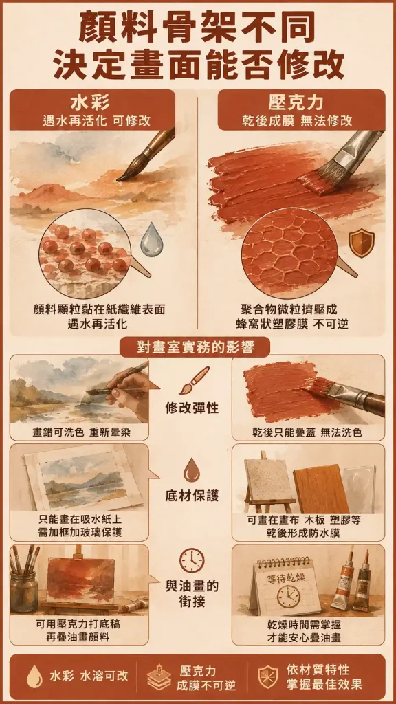 壓克力顏料跟水彩一樣嗎?乾了之後的差異,才是關鍵 2 顏料的骨架不同,決定了畫面能不能修改