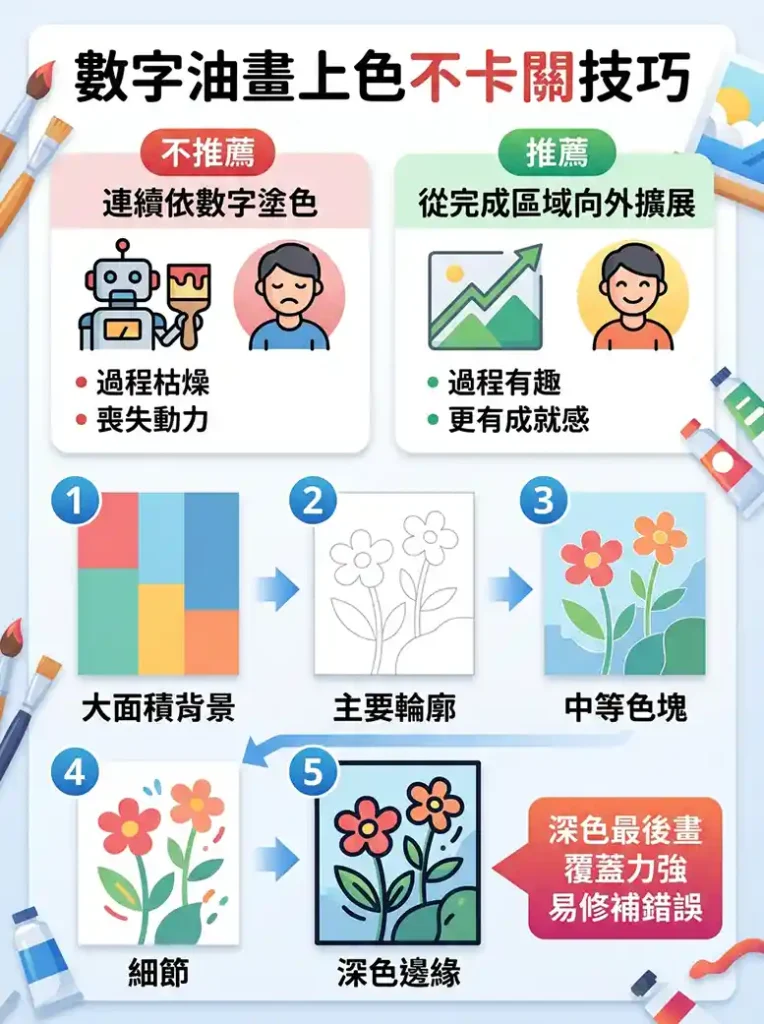 第一次畫數字油畫?我實際完成後的技巧整理 4 數字油畫技巧 1:不要照顏色編號一直畫到底