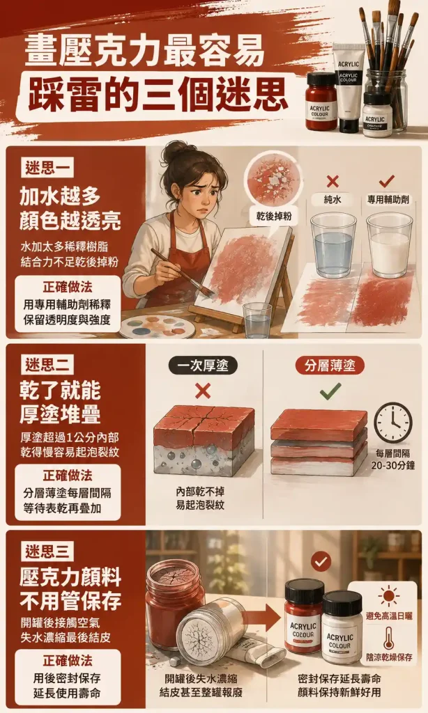 壓克力顏料特性完全解析:畫友最容易誤判的乾燥與稀釋眉角 2 畫壓克力最容易踩雷的三個特性迷思