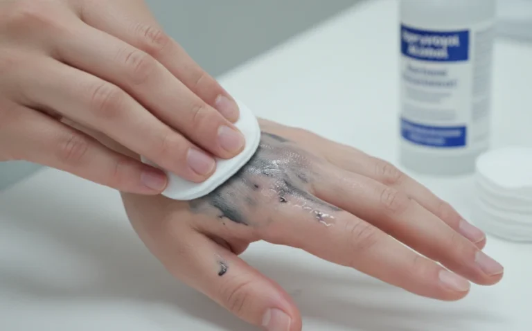 使用酒精與化妝棉清潔手部墨水污漬的示意圖