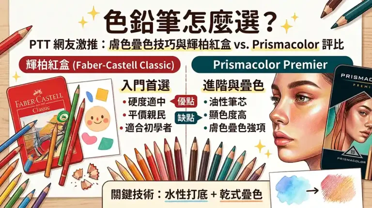 色鉛筆挑選怎麼做？PTT 網友推薦膚色疊色技巧與輝柏紅盒、Prismacolor 優缺點對比