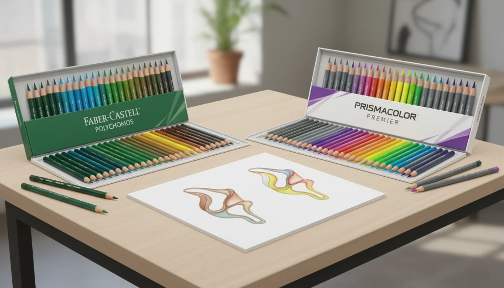 油性色鉛筆選擇 (輝柏綠盒 vs PRISMACOLOR) 詳細概念圖