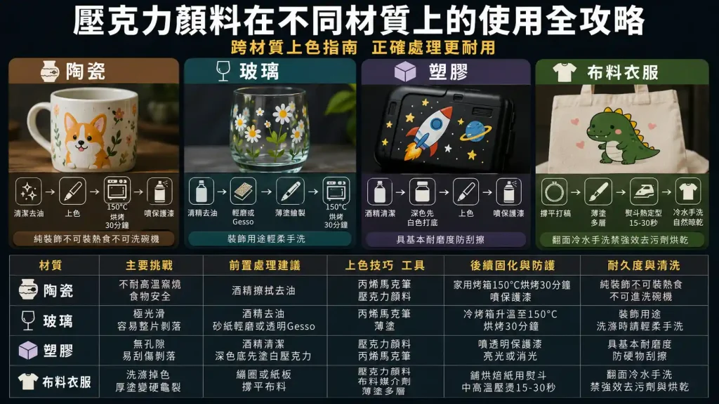 壓克力顏料在不同材質上的使用全攻略：陶瓷、玻璃、塑膠、布料與衣服彩繪實戰指南