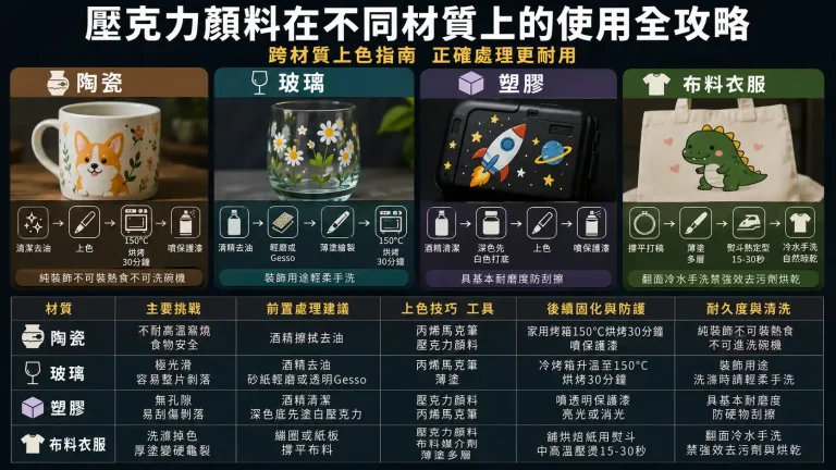 壓克力顏料在不同材質上的使用全攻略：陶瓷、玻璃、塑膠、布料與衣服彩繪實戰指南